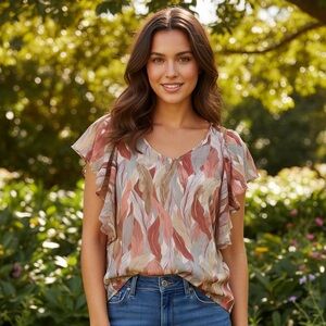 LC Lauren Conrad Women's Leaf Print Blouse - Pink, Gray
